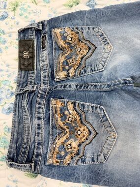 Miss Me Light Blue Boot Cut Jeans with Gold Embellished Back Pockets